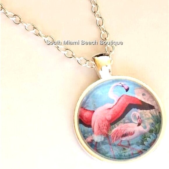 Pink Flamingo Necklace Silver Plated 24" Chain Glass Dome Pendant Tropical - Picture 3 of 9